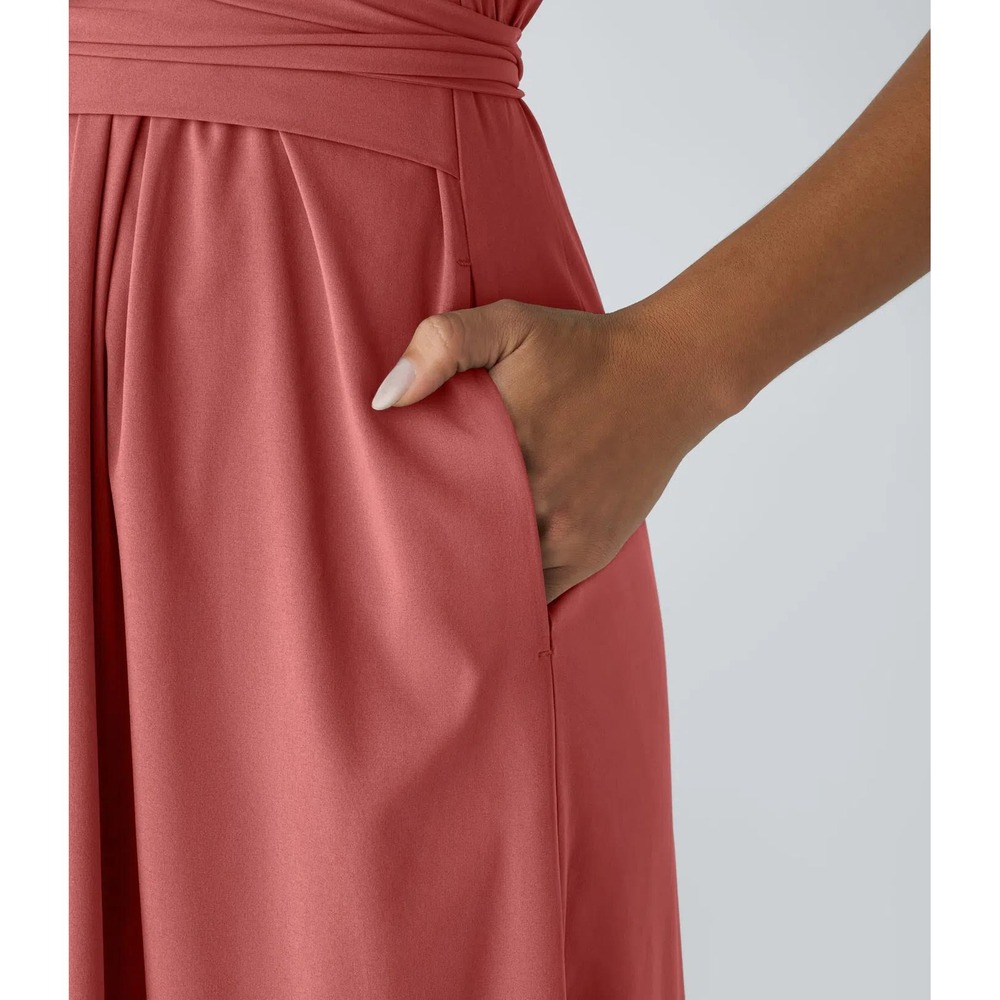 NEW Breezeful V-Neck Short Sleeve Pocket Tie Quick Dry Midi Dress Pink Mediium - Picture 3 of 16